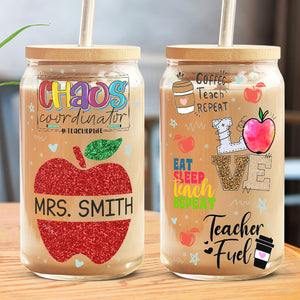 Coffee Teach Repeat - Teacher Personalized Custom Glass Cup, Iced Coffee Cup - Gift For Teacher, Back To School