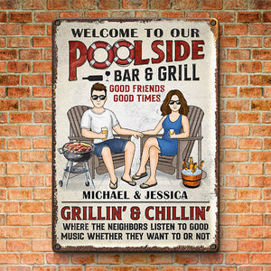 Welcome To The Poolside Bar & Grill - Couple Personalized Custom Home Decor Metal Sign - House Warming Gift For Husband Wife, Anniversary