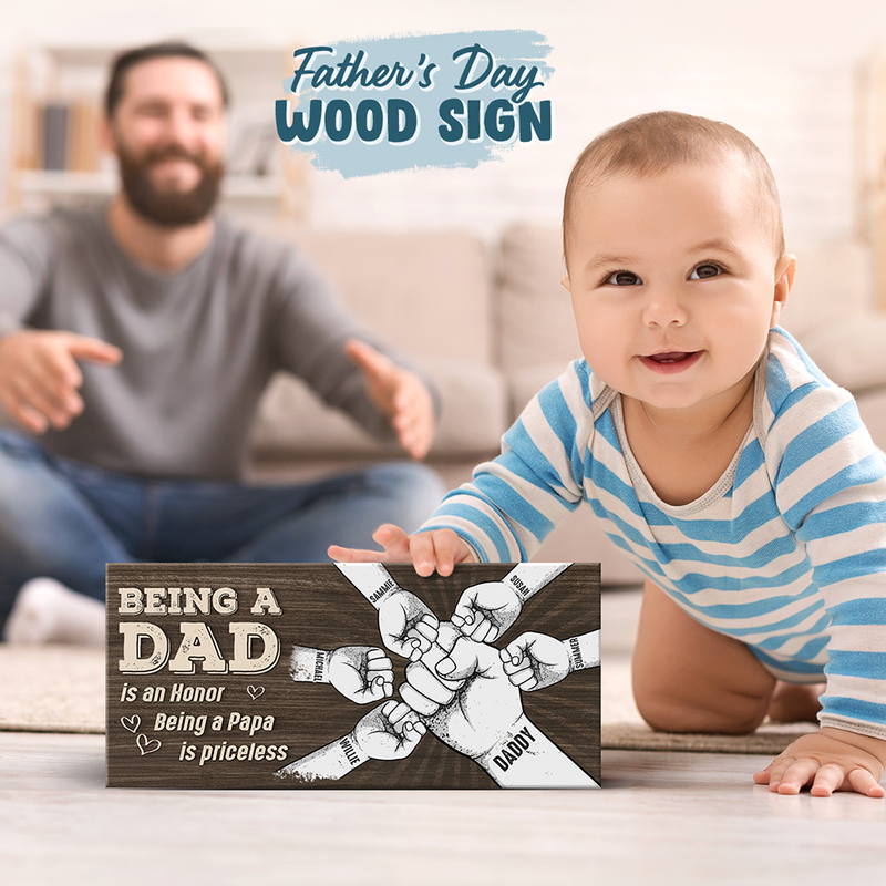 Being A Dad Is An Honor - Family Personalized Custom Rectangle Shaped Home Decor Wood Sign - House Warming Gift For Dad, Grandpa