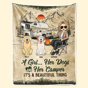 Campfire & Coffee Blanket - Camping Personalized Custom Blanket - Gift For Camping Lovers, Pet Owners, Pet Lovers