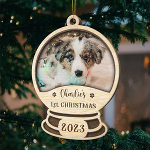 First Christmas Snowball - Upload Pet Photo - Personalized Custom Snow Globe Shaped Wood Christmas Ornament