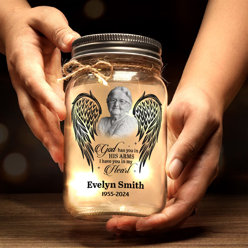 Custom Photo God Has You In His Arms - Memorial Personalized Custom Mason Jar Light - Sympathy Gift For Family Members