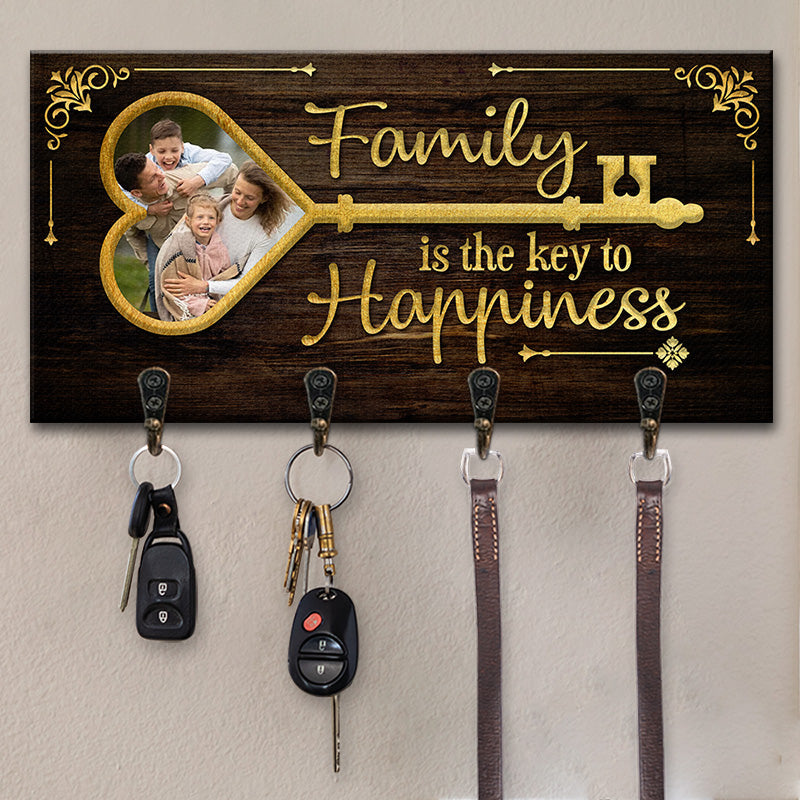 Custom Photo Family Is The Key To Happiness - Family Personalized Custom Home Decor Key Hanger, Key Holder - House Warming Gift For Family Members