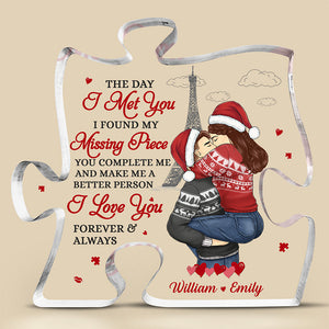 Led Me Straight To You - Couple Personalized Custom Puzzle Shaped Acrylic Plaque - Christmas Gift For Husband Wife, Anniversary