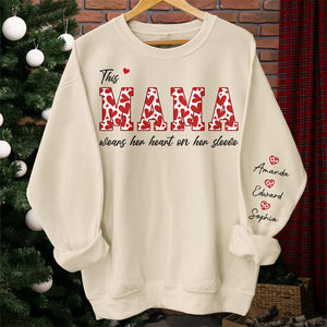This Mama Wears Her Heart On Her Sleeve - Family Personalized Custom Unisex Sweatshirt With Design On Sleeve - Birthday Gift For Mom, Grandma