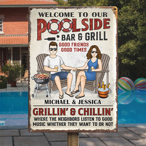 Welcome To The Poolside Bar & Grill - Couple Personalized Custom Home Decor Metal Sign - House Warming Gift For Husband Wife, Anniversary