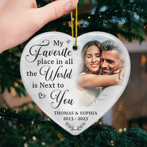 Custom Photo My Favorite Place In All The World - Couple Personalized Custom Ornament - Ceramic Heart Shaped - Christmas Gift For Husband Wife, Anniversary