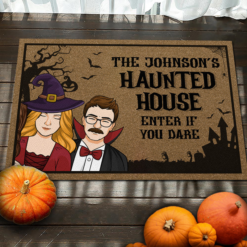 The Haunted House - Couple Personalized Custom Home Decor Witch Decorative Mat - Halloween Gift For Witches, Husband Wife, Pet Owners, Pet Lovers