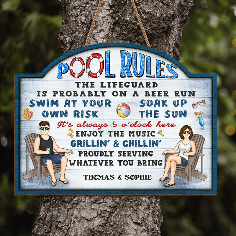 Pool Rules Grillin' & Chillin' - Couple Personalized Custom Shaped Home Decor Wood Sign - House Warming Gift For Husband Wife, Annivesary