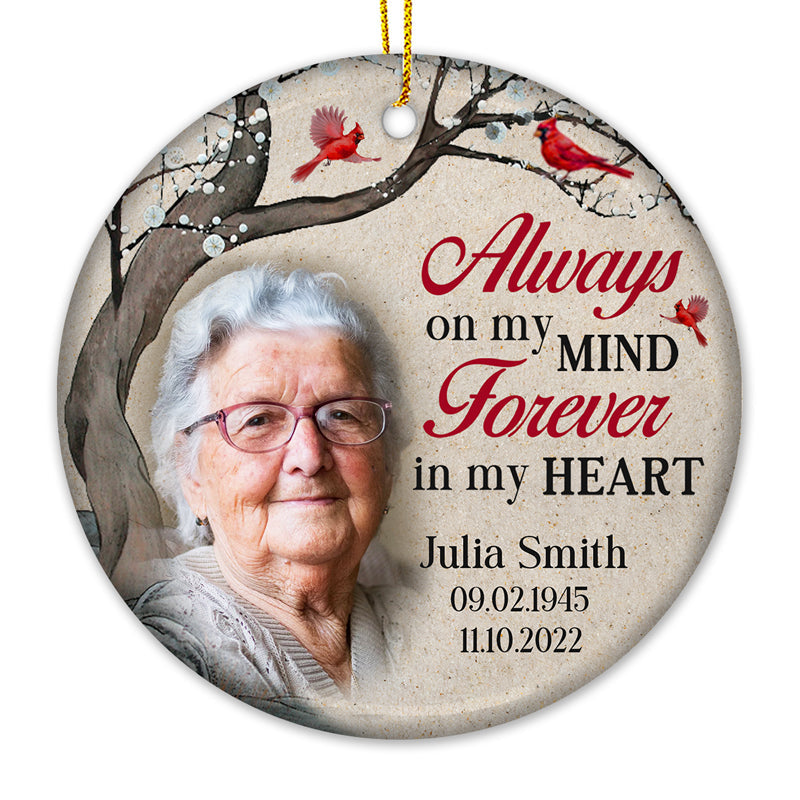 Custom Photo Forever In My Heart - Memorial Personalized Custom Ornament - Ceramic Round Shaped - Christmas Gift, Sympathy Gift For Family Members