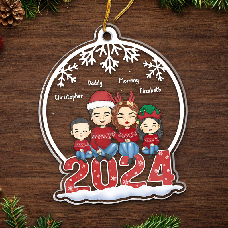 Family Sitting Together - Family Personalized Custom Ornament - Acrylic Snow Globe Shaped - Christmas Gift For Family Members