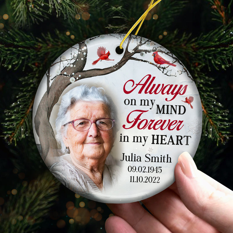 Custom Photo Forever In My Heart - Memorial Personalized Custom Ornament - Ceramic Round Shaped - Christmas Gift, Sympathy Gift For Family Members