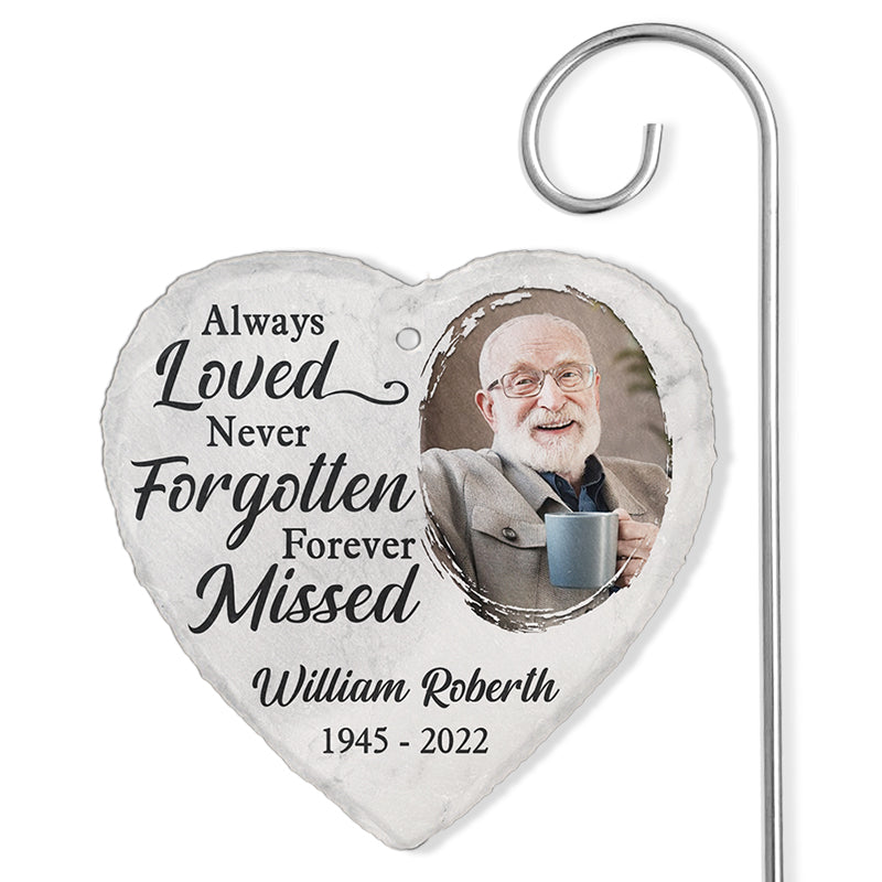 Custom Photo Never Forgotten - Memorial Personalized Custom Heart Shaped Memorial Garden Slate & Hook - Sympathy Gift For Family Members