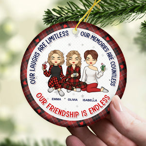 Our Laughs Are Limitless - Bestie Personalized Custom Ornament - Ceramic Round Shaped - Christmas Gift For Best Friends, BFF, Sisters