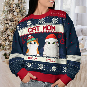 Merry Christmas Cat Dad Cat Mom - Personalized Custom Unisex Ugly Christmas Sweatshirt, Wool Sweatshirt, All-Over-Print Sweatshirt - Gift For Cat Lovers, Pet Lovers, Christmas New Arrival Gift