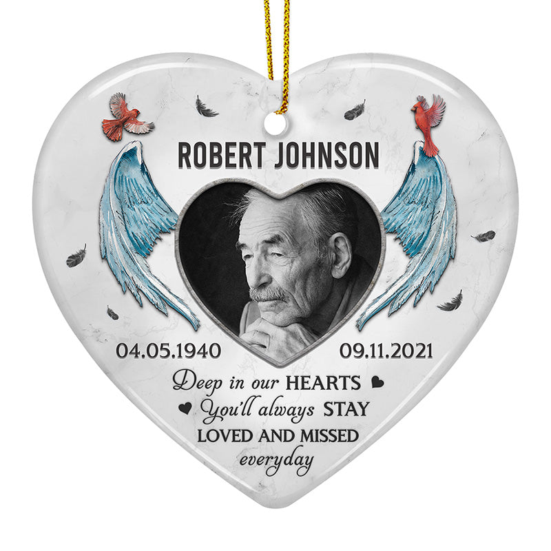 Custom Photo You‚ll Always Stay Loved And Missed - Memorial Personalized Custom Ornament - Ceramic Heart Shaped - Christmas Gift, Sympathy Gift For Family Members