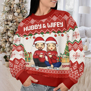 Hubby And Wifey - Couple Personalized Custom Ugly Sweatshirt - Unisex Wool Jumper - Christmas Gift For Husband Wife, Anniversary