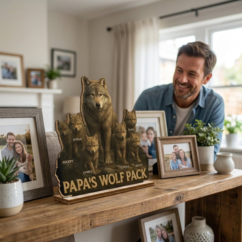 Papa Leads We Follow - Family Personalized Custom Shaped 2-Layered Wooden Plaque With Flat Stand - Father's Day, House Warming Gift For Dad, Grandpa