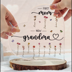 Grandma & Her Charming Flowers - Family Personalized Custom Heart Shaped Acrylic Plaque - Gift For Mom, Grandma