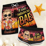 If Lost, Return To Your Bae - Funny Personalized Custom Tropical Hawaiian Aloha Couple Beach Shorts - Summer Vacation Gift, Birthday Party Gift For Husband Wife
