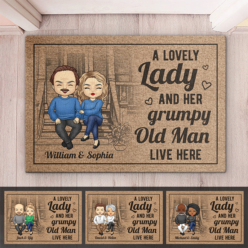 A Lovely Lady And Her Grumpy Old Man Live Here - Couple Personalized Custom Home Decor Decorative Mat - Gift For Husband Wife, Anniversary