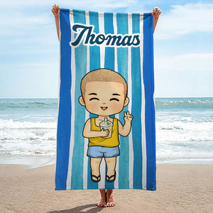 Kid Happy Summer Time - Family Personalized Custom Beach Towel - Summer Vacation Gift, Birthday Pool Party Gift For Family Members