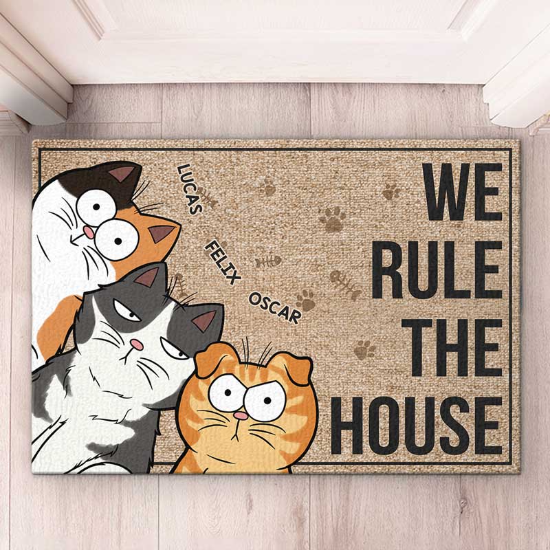 Here We Play House Rules - Cat Personalized Custom Decorative Mat - Gift For Pet Owners, Pet Lovers