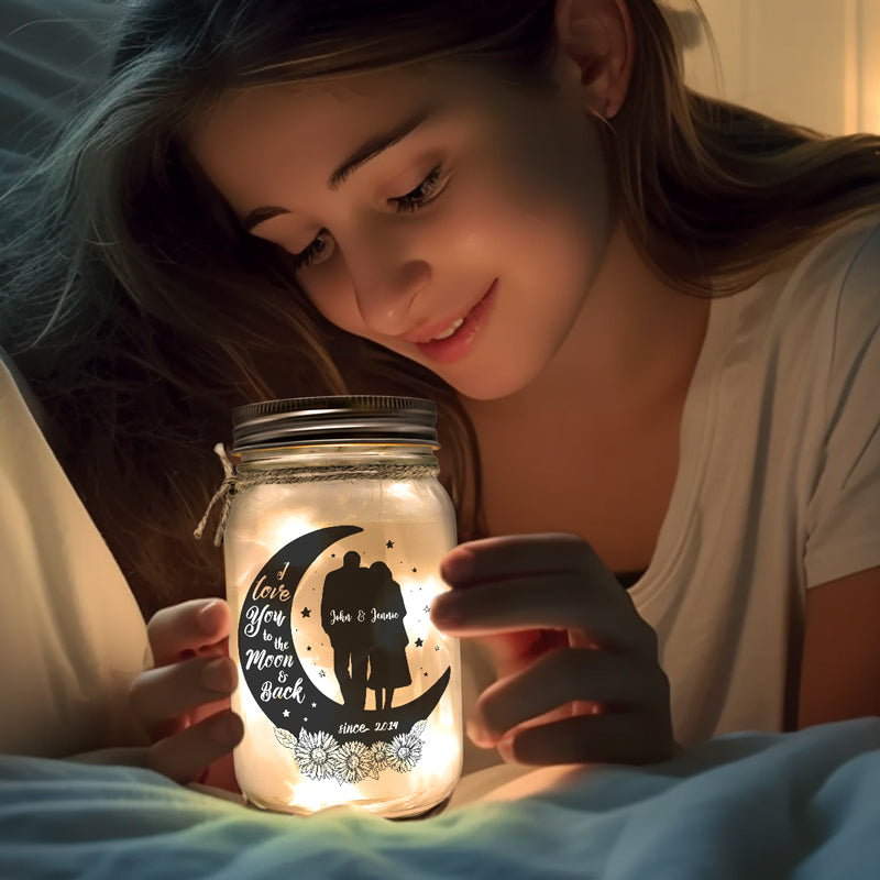 I Love You To The Moon And Back - Couple Personalized Custom Mason Jar Light - Gift For Husband Wife, Anniversary