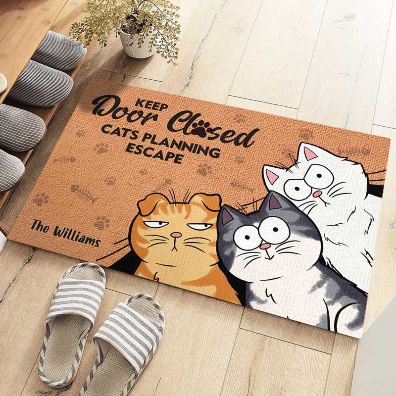 Keep Door Closed, Cats Planning Escape - Cat Personalized Custom Home Decor Decorative Mat - House Warming Gift, Gift For Pet Owners, Pet Lovers