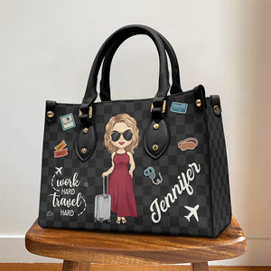 Work Hard Travel Hard - Travel Personalized Custom Leather Handbag - Gift For Travel Lovers