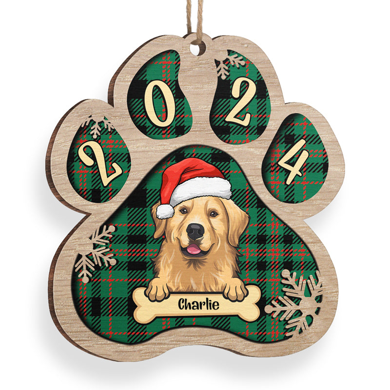 Personalized Custom Paw Shaped Wood Christmas Ornament - Dog, Cat And Snow - Plaid Buffalo Pattern - Customized Decoration Upload Image, Gift For Pet Lovers