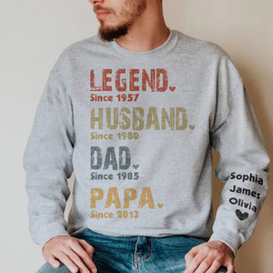 The Man The Myth The Legend The Superhero - Family Personalized Custom Unisex Sweatshirt With Design On Sleeve - Christmas Gift For Dad