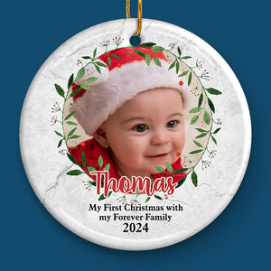 My First Christmas With My Forever Family - Personalized Custom Round Shaped Ceramic Christmas Ornament - Upload Image, Gift For Pet Lovers, Christmas Gift