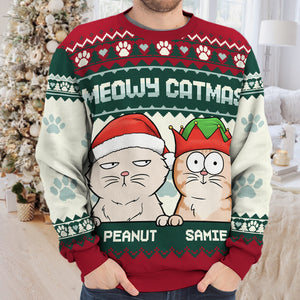 Meowy Catmas - Dog & Cat Personalized Custom Ugly Sweatshirt - Unisex Wool Jumper - Christmas Gift For Pet Owners, Pet Lovers