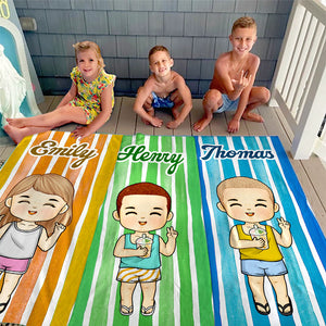 Kid Happy Summer Time - Family Personalized Custom Beach Towel - Summer Vacation Gift, Birthday Pool Party Gift For Family Members