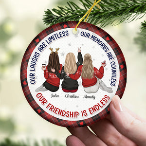 Our Laughs Are Limitless - Bestie Personalized Custom Ornament - Ceramic Round Shaped - Christmas Gift For Best Friends, BFF, Sisters