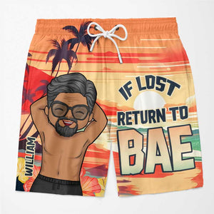 If Lost, Return To My Bae - Funny Personalized Custom Tropical Hawaiian Aloha Couple Beach Shorts - Summer Vacation Gift, Birthday Party Gift For Husband Wife