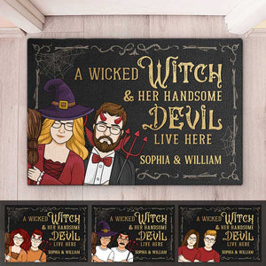 A Wicked Witch And Her Handsome Devil Live Here - Couple Personalized Custom Home Decor Witch Decorative Mat - Halloween Gift For Witches, Husband Wife