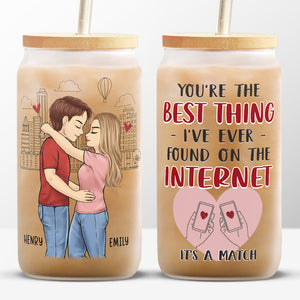 Glad We Matched - Couple Personalized Custom Glass Cup, Iced Coffee Cup - Gift For Husband Wife, Anniversary