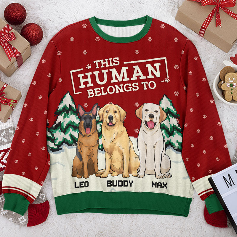This Human Belongs To Me - Dog Personalized Custom Ugly Sweatshirt - Unisex Wool Jumper - Christmas Gift For Pet Owners, Pet Lovers