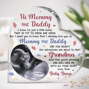 Custom Photo Our Adventures Are About To Start - Family Personalized Custom Heart Shaped Acrylic Plaque - Baby Shower Gift, Gift For First Dad, First Mom