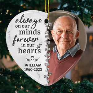 Custom Photo Forever In Our Hearts - Memorial Personalized Custom Ornament - Ceramic Heart Shaped - Christmas Gift, Sympathy Gift For Family Members