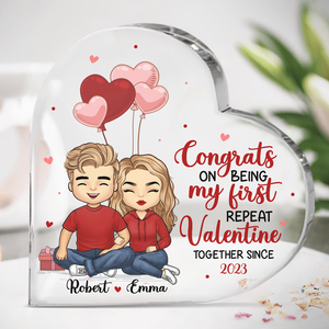 Congrats On Being My First Repeat Valentine - Couple Personalized Custom Heart Shaped Acrylic Plaque - Gift For Husband Wife, Anniversary