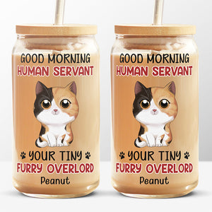 Good Morning Human Servant - Cat Personalized Custom Glass Cup, Iced Coffee Cup - Gift For Pet Owners, Pet Lovers