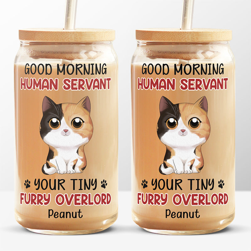 Good Morning Human Servant - Cat Personalized Custom Glass Cup, Iced Coffee Cup - Gift For Pet Owners, Pet Lovers