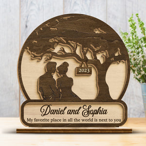 Just Sitting Together Is Enough- Couple Personalized Custom Shaped 2-Layered Wooden Plaque With Flat Stand - House Warming Gift, Gift For Husband Wife, Anniversary