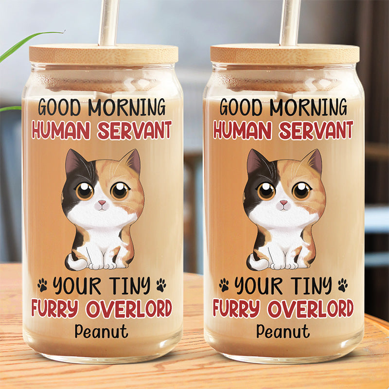 Good Morning Human Servant - Cat Personalized Custom Glass Cup, Iced Coffee Cup - Gift For Pet Owners, Pet Lovers