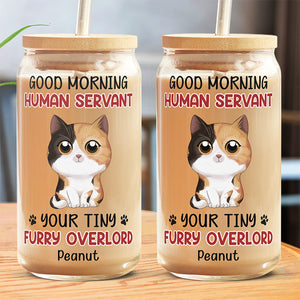 Good Morning Human Servant - Cat Personalized Custom Glass Cup, Iced Coffee Cup - Gift For Pet Owners, Pet Lovers