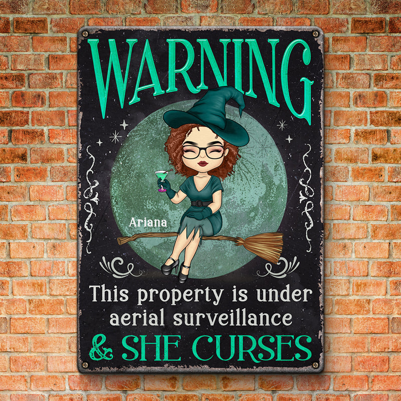 Warning This Property Is Under Aerial Surveillance - Personalized Custom Home Decor Witch Metal Sign - Halloween Gift For Witches, Yourself