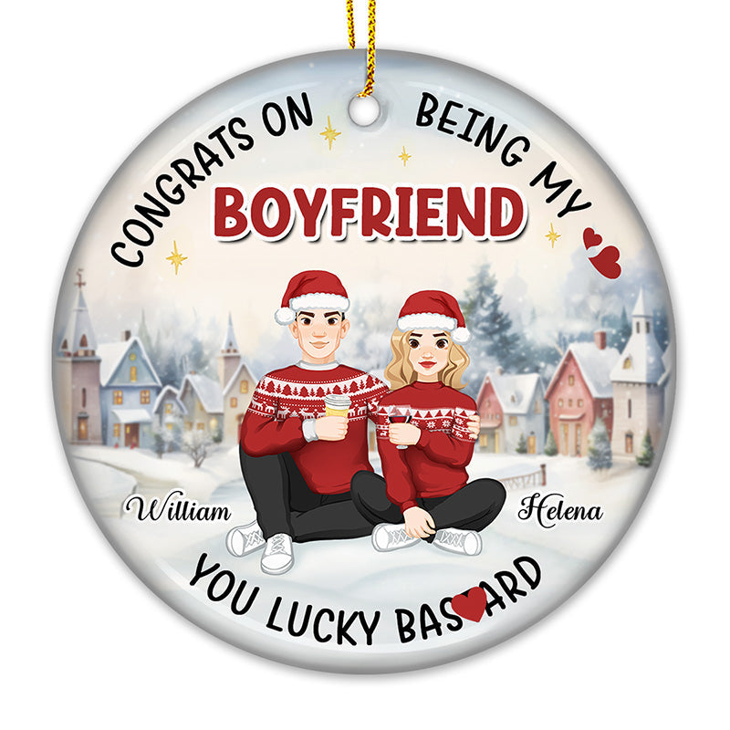 Congrats On Being My Man - Couple Personalized Custom Ornament - Ceramic Round Shaped - Christmas Gift For Husband Wife, Anniversary